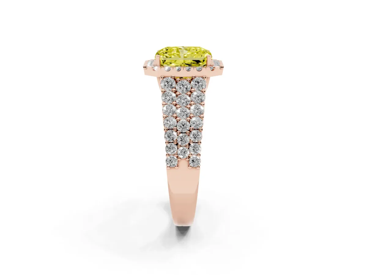 Fancy Yellow Radiant Cut Diamond Halo Engagement Ring with Triple Row Round Pavé Band and Prong Setting Rose gold