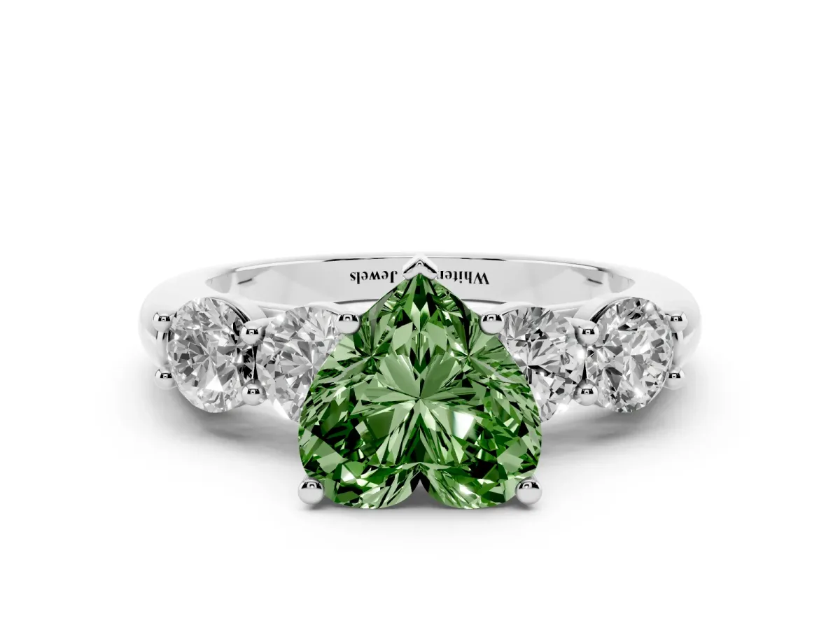Fancy Green Heart Cut Cut Five-Stone Prong Set Diamond Ring with Classic Band Platinum