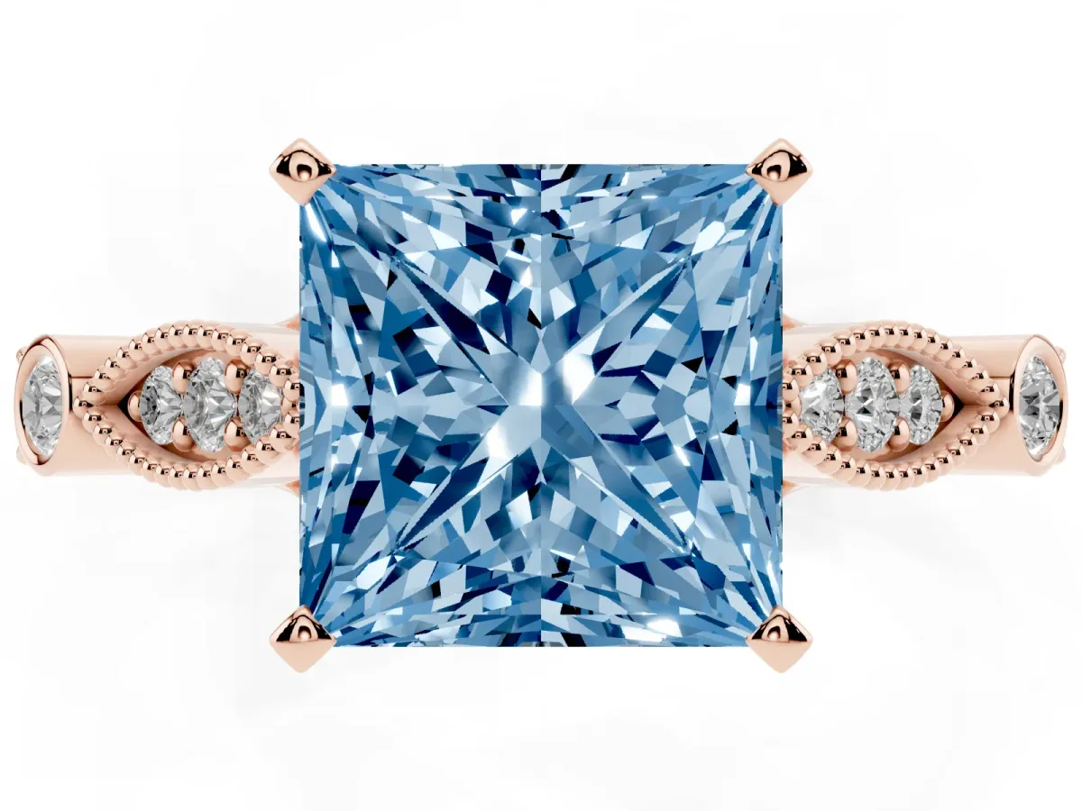 Fancy Blue Princess Cut Cut Diamond with Milgrain Marquise and Bezel Accents on a Solitaire Band with Prong Setting Rose gold