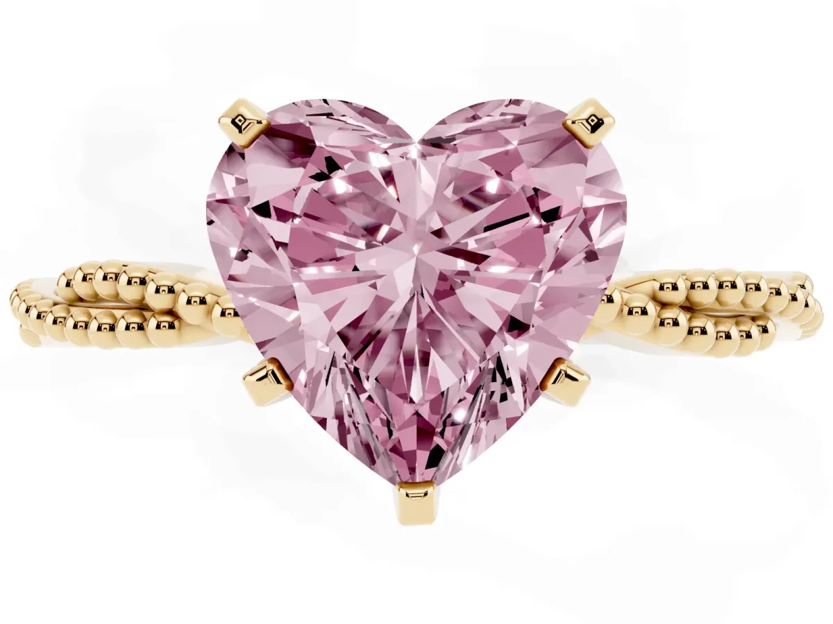 Fancy Pink Heart Cut Solitaire Twisted Band with Bead Prong Setting Yellow gold