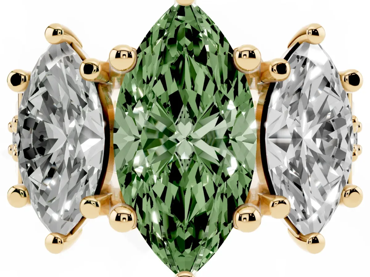 Fancy Green Marquise Cut Diamond Three-Stone Ring with Channel Set Band and Four-Prong Setting Yellow gold