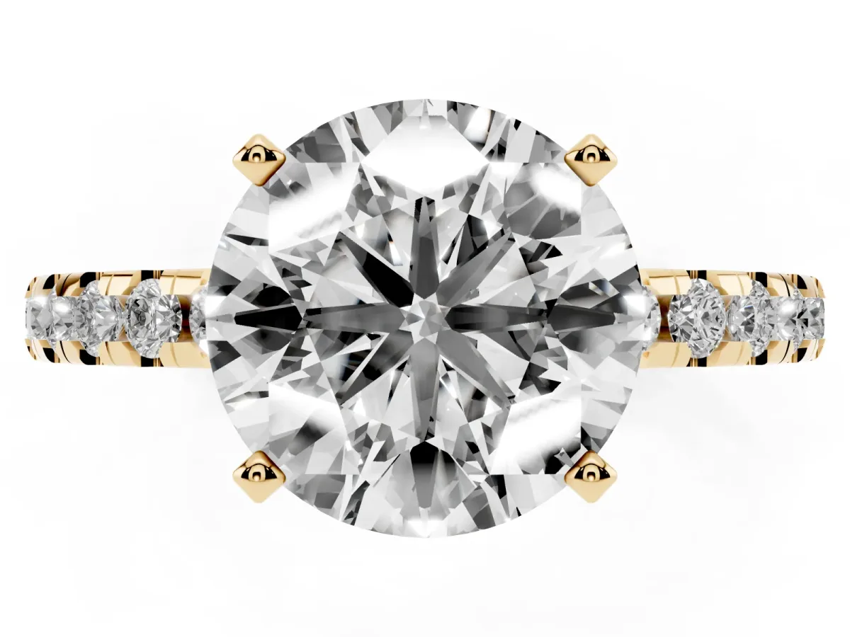 Round Cut Diamond Solitaire Ring with Round Pavé Band and Four-Prong Setting Yellow gold