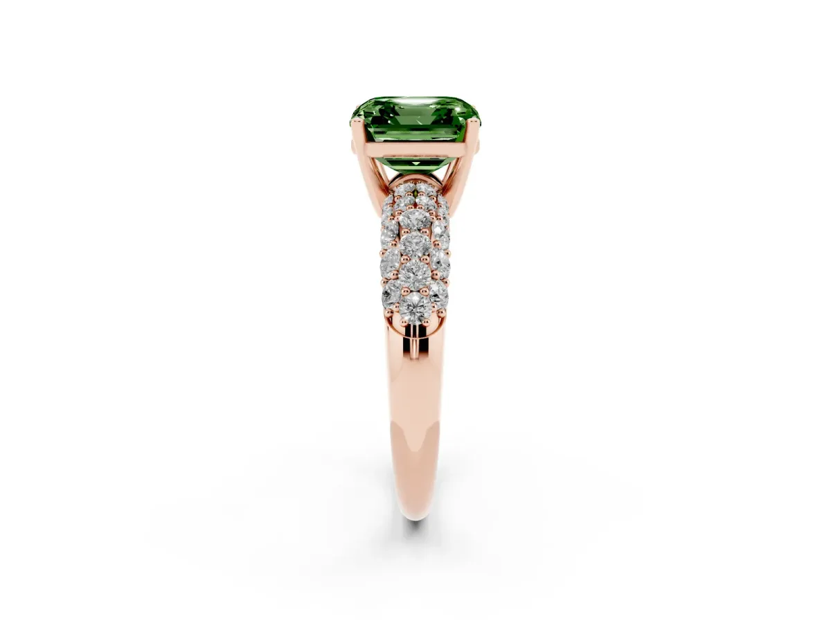 Fancy Green Asscher Cut Diamond Pavé Band Solitaire Ring with Four-Prong Setting Rose gold