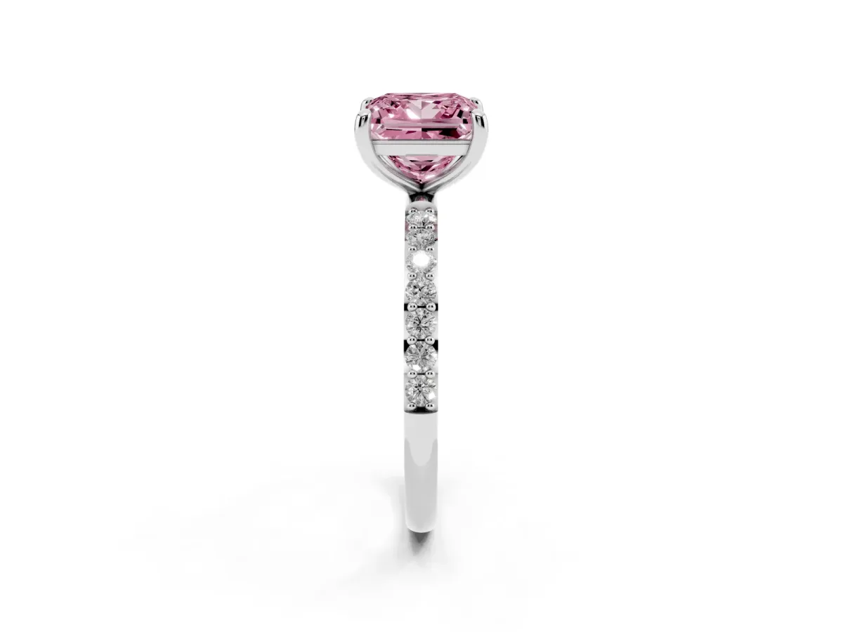 Fancy Pink Princess Cut Diamond Solitaire Ring with Round Pavé Band and Prong Setting Silver