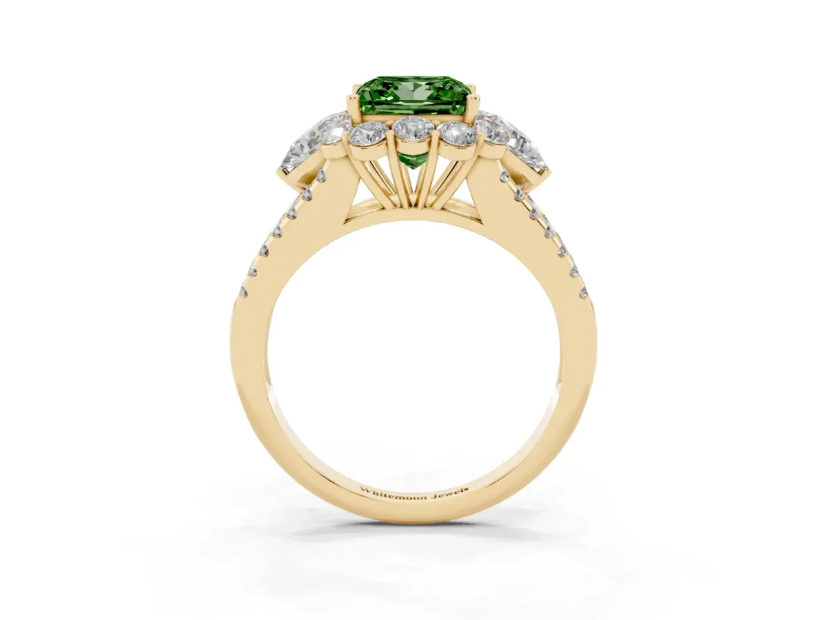 Fancy Green Princess Cut Halo Split Shank Diamond Engagement Ring with Prong Setting Yellow gold