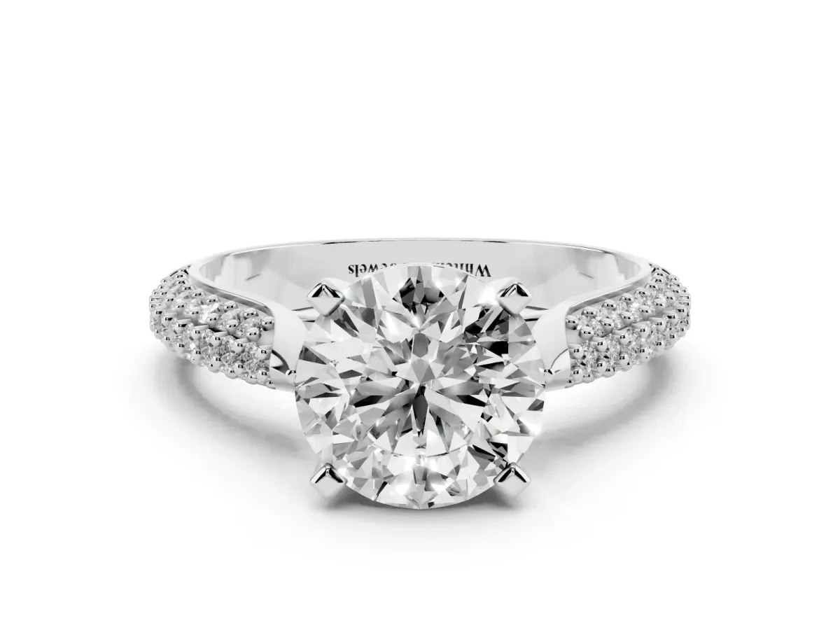 Round Cut Diamond Solitaire Engagement Ring with Multi-Row Round Pavé Band and Prong Setting Silver