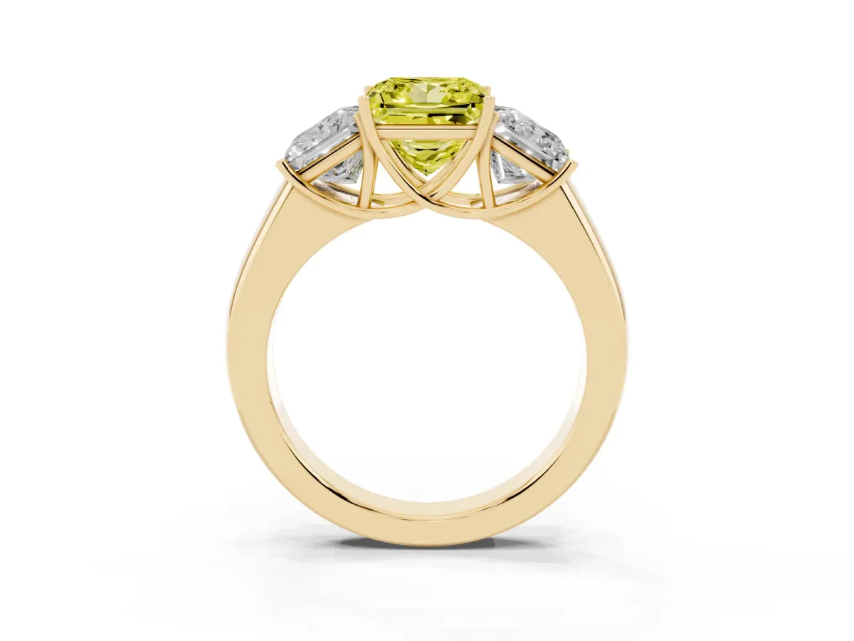 Fancy Yellow Three-Stone Princess Cut Cut Diamond Ring with Prong Setting and Classic Band Yellow gold