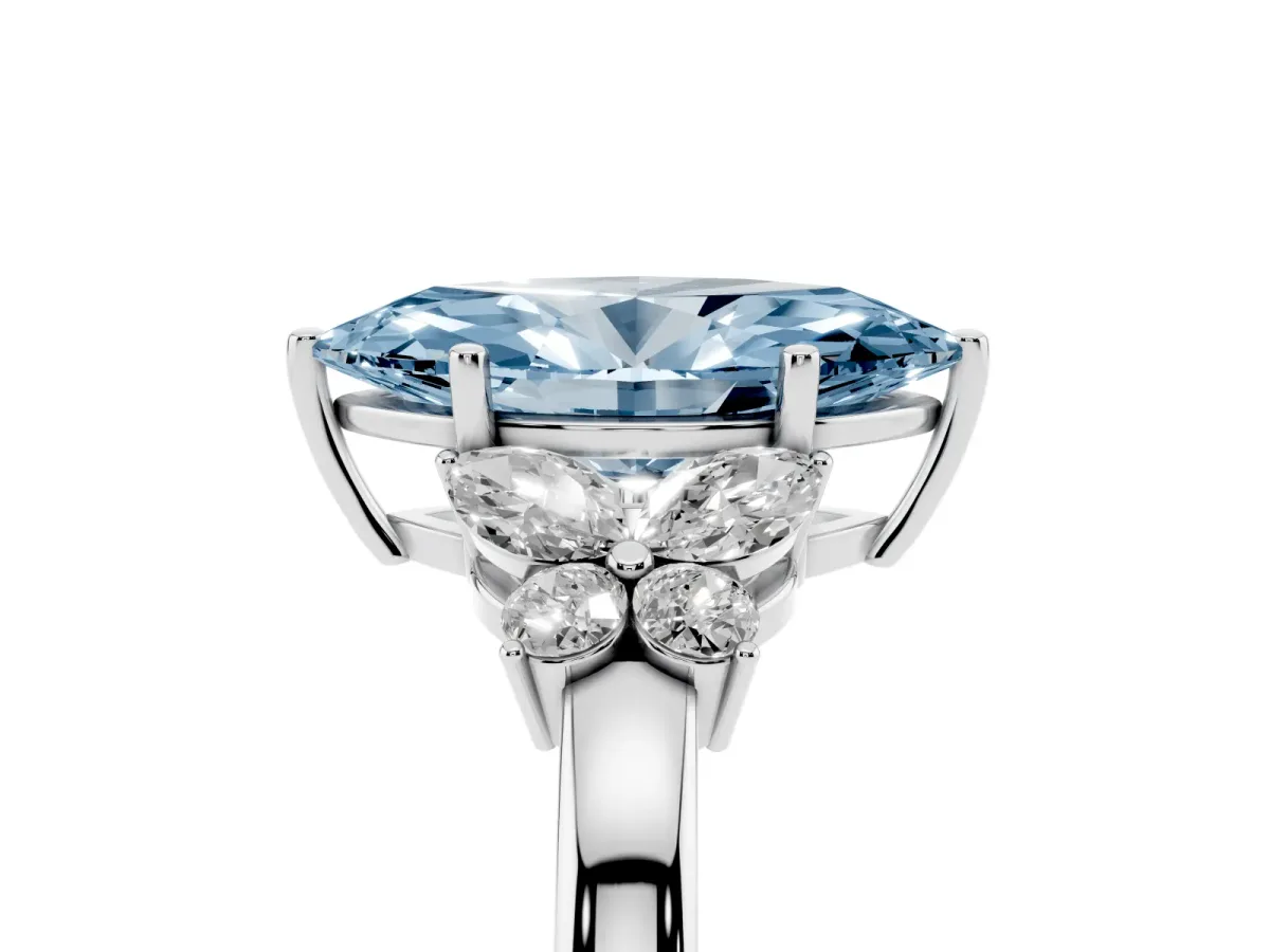 Fancy Blue Marquise Cut Cut Solitaire Floral Diamond Ring with Four-Prong Setting Silver