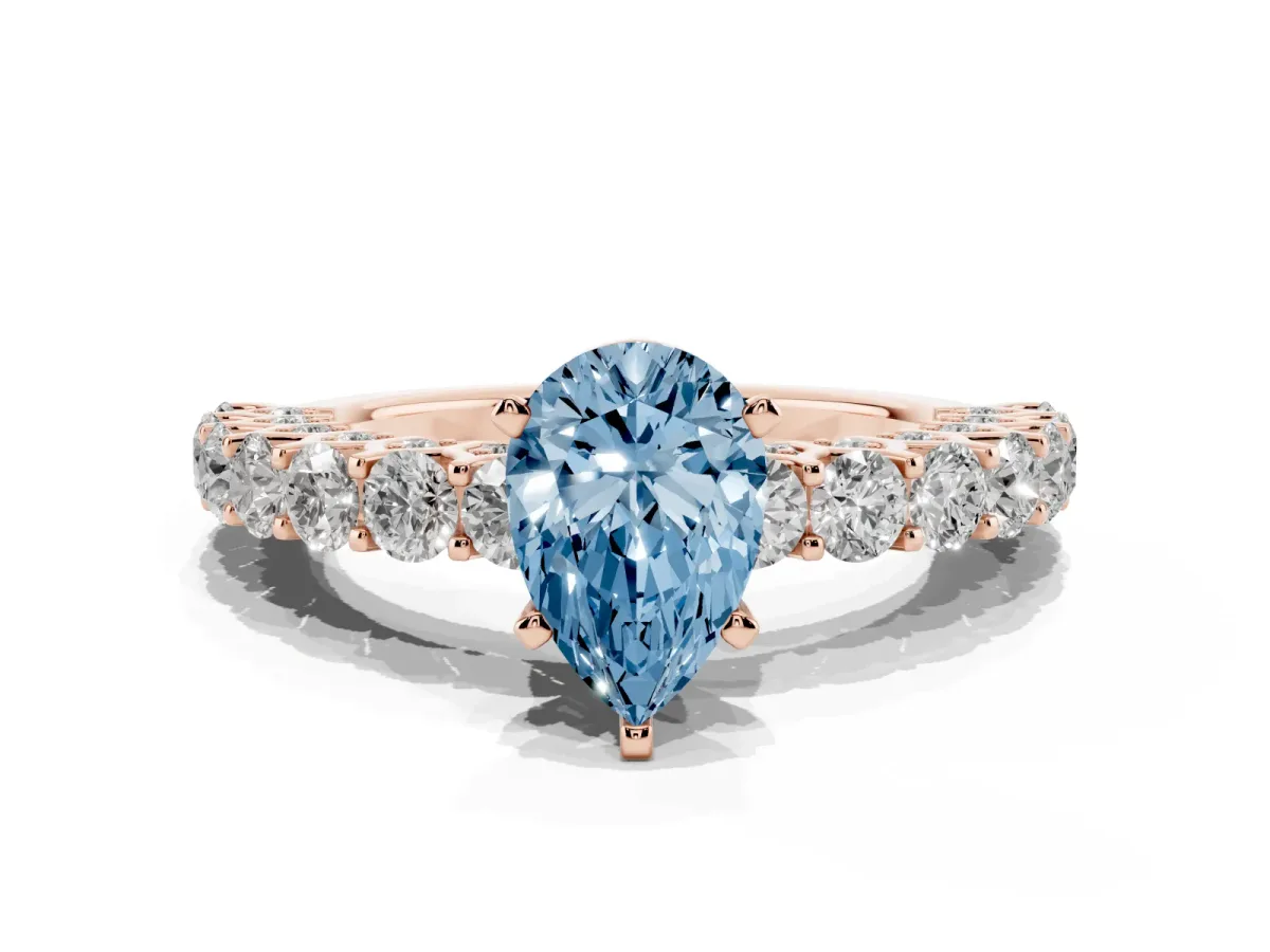 Fancy Blue Pear Cut Diamond Solitaire Ring with Shared Prong Pavé Band and Four-Prong Setting Rose gold