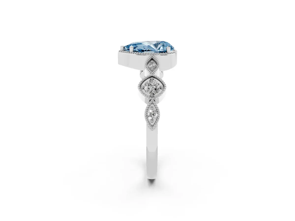 Fancy Blue Pear Cut Diamond Vintage Milgrain Ring with Round Stations White gold