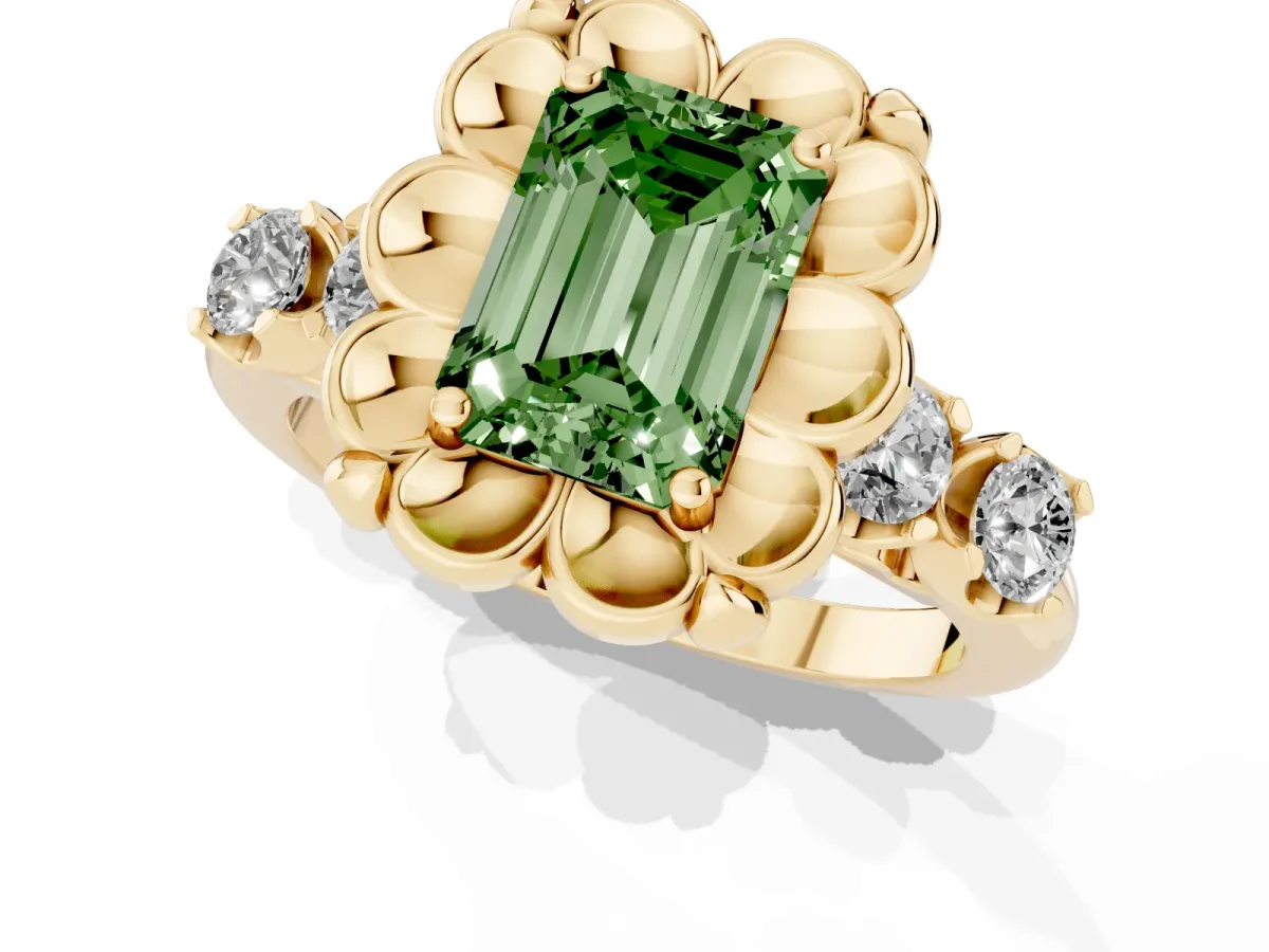 Fancy Green Emerald Cut Cut Diamond Floral Halo Engagement Ring with Shared Prong Setting Yellow gold