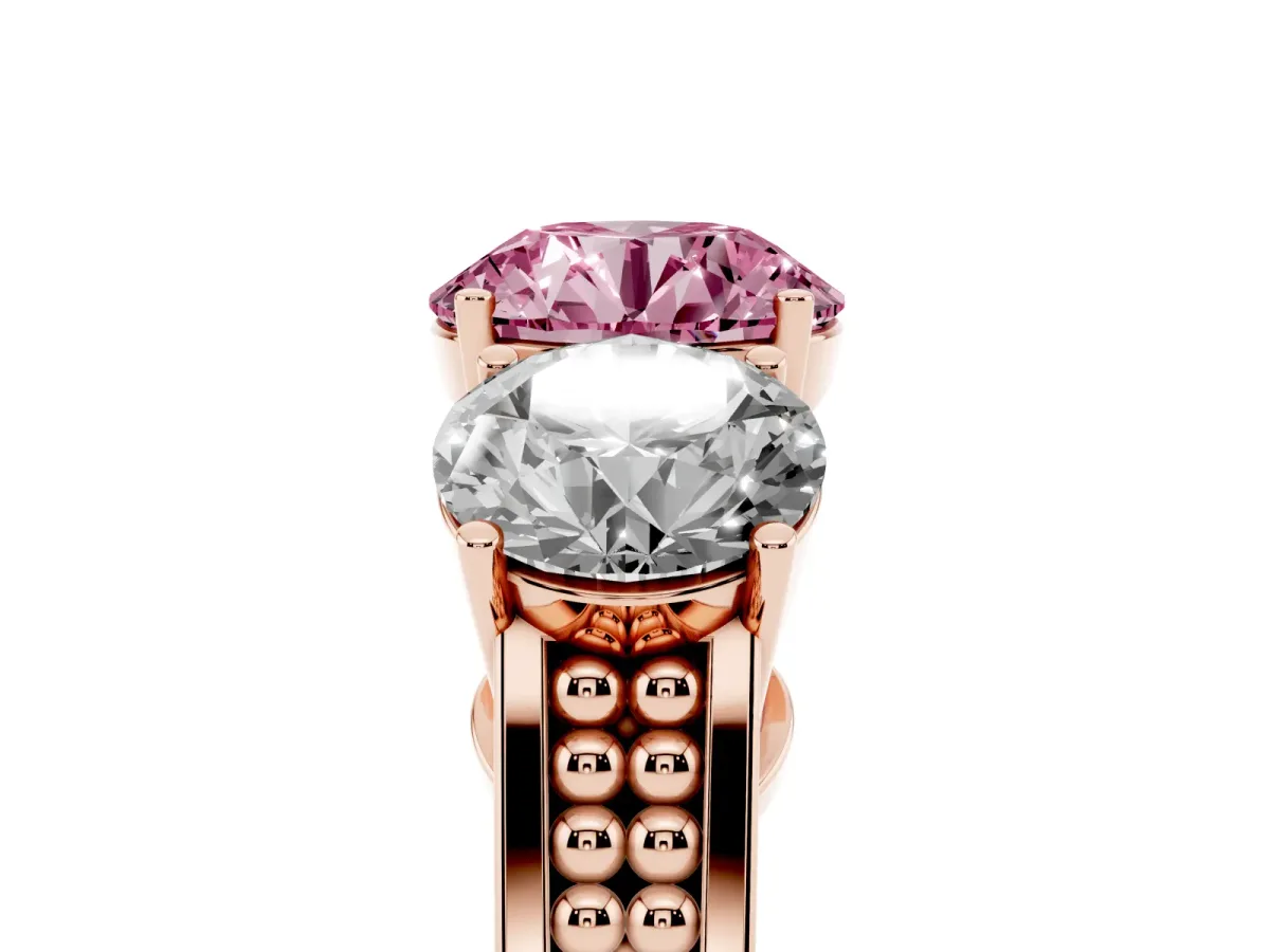Fancy Pink Round Cut Diamond Three-Stone Ring with Prong Setting and Textured Band Rose gold