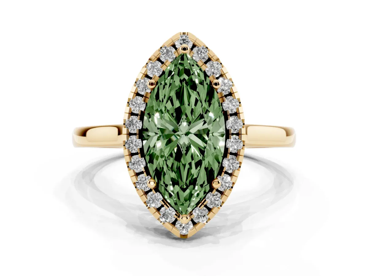 Fancy Green Marquise Cut Halo Round Diamond Solitaire Ring with Pavé Band and Four-Prong Setting Yellow gold
