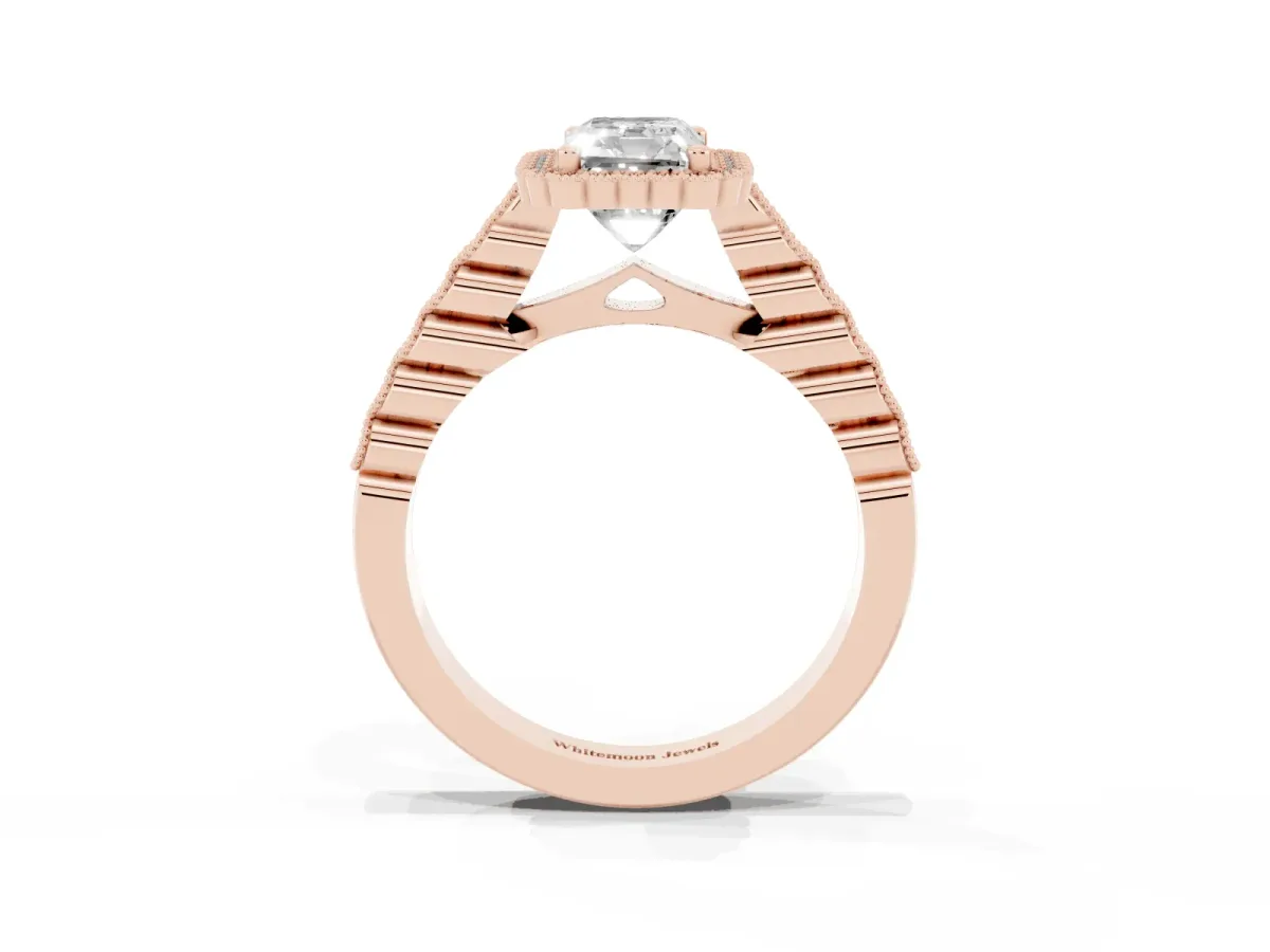 Radiant Cut Cut Halo Pavé Solitaire Ring with Milgrain Band Rose gold