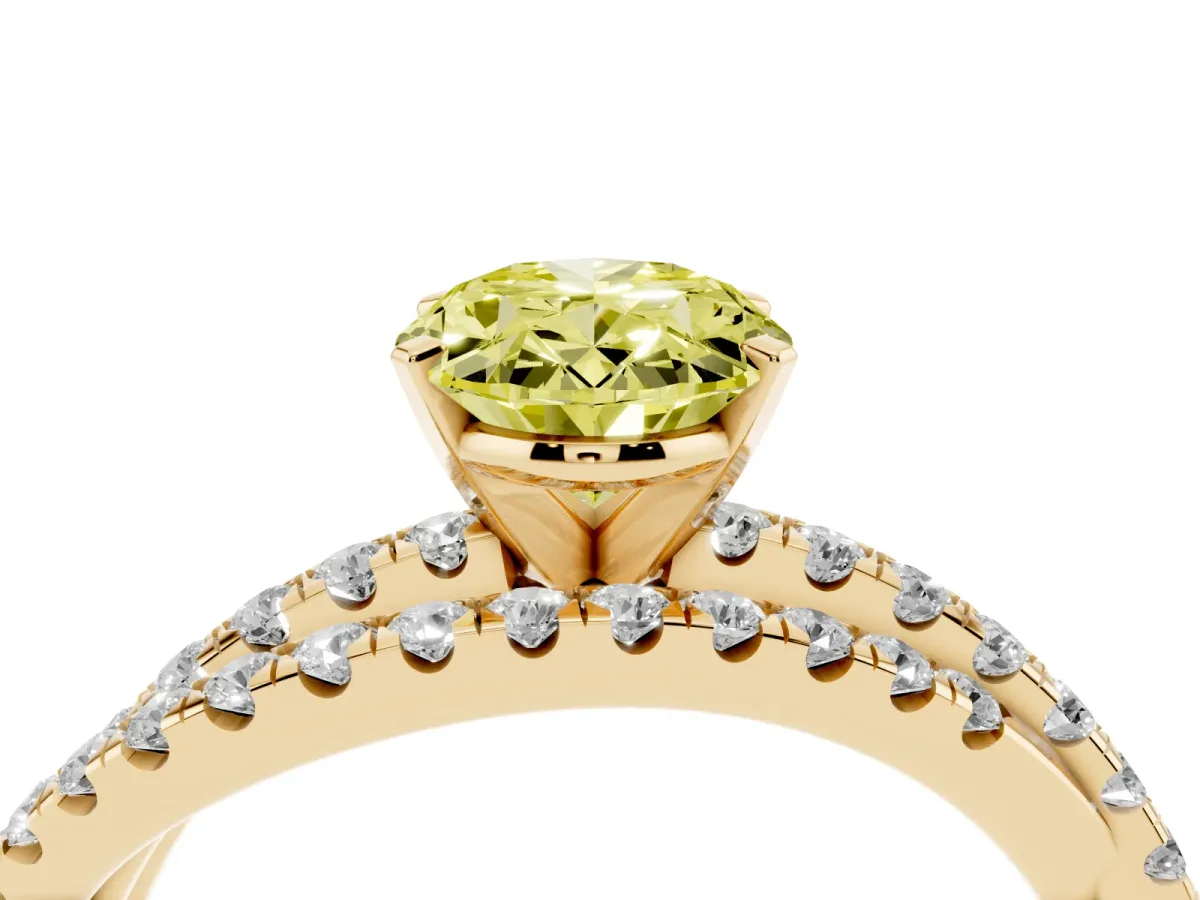 Fancy Yellow Oval Cut Solitaire Twist Band with Pavé Setting and Four-Prong Setting Yellow gold