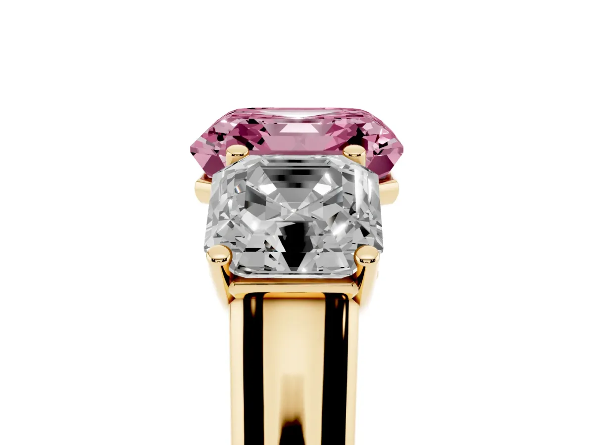 Fancy Pink Asscher Cut Three-Stone Diamond Ring with Prong Setting on a Classic Band Yellow gold