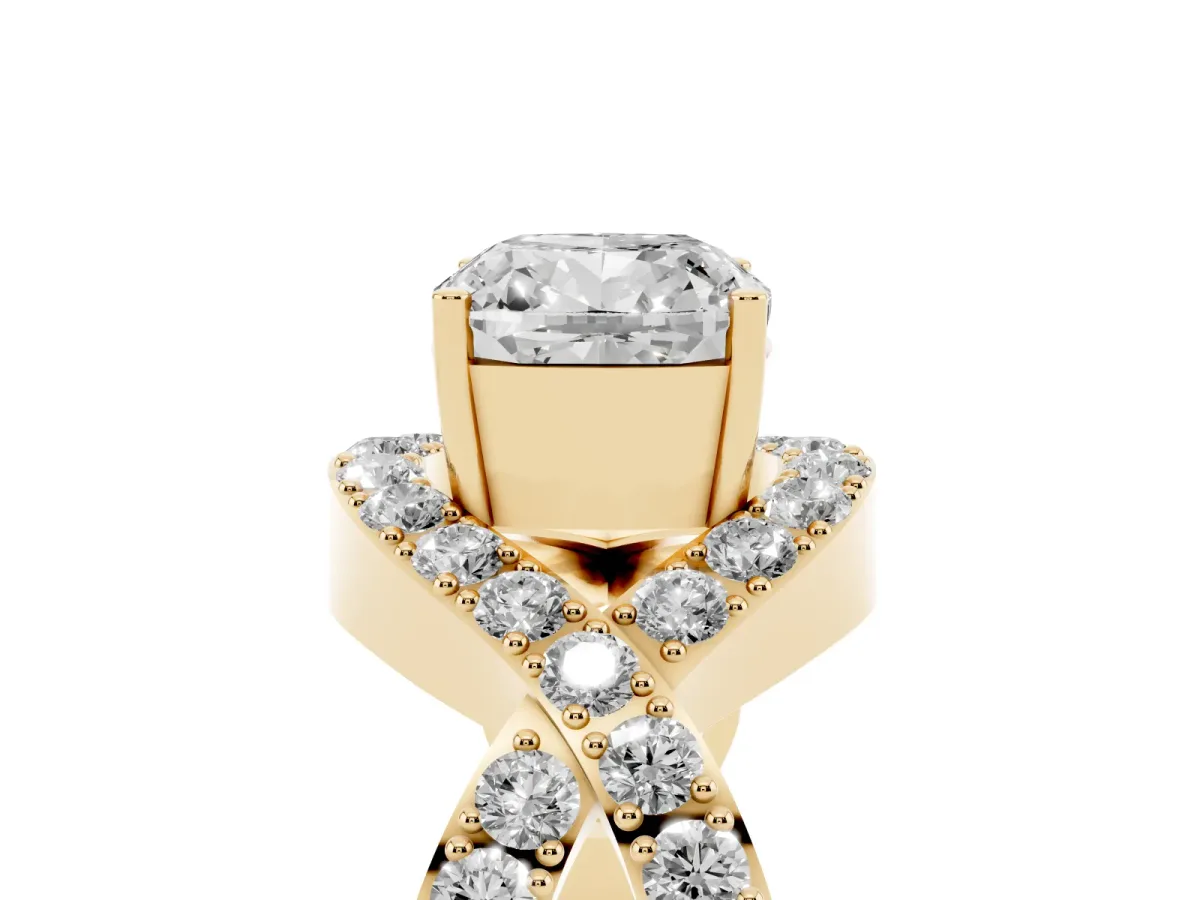 Cushion Cut Solitaire Twist Band Pavé Diamond Engagement Ring Yellow gold