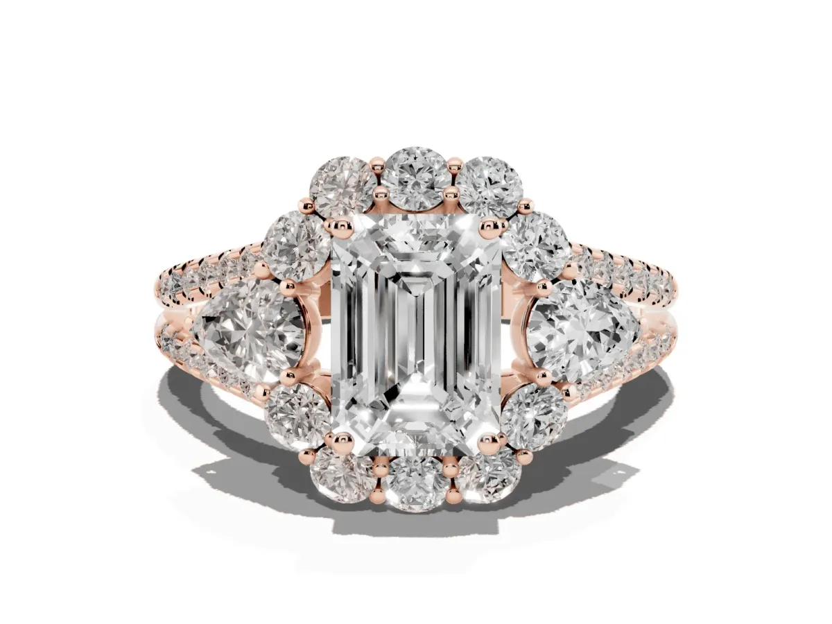Emerald Cut Halo Split Shank Diamond Engagement Ring with Prong Setting Rose gold