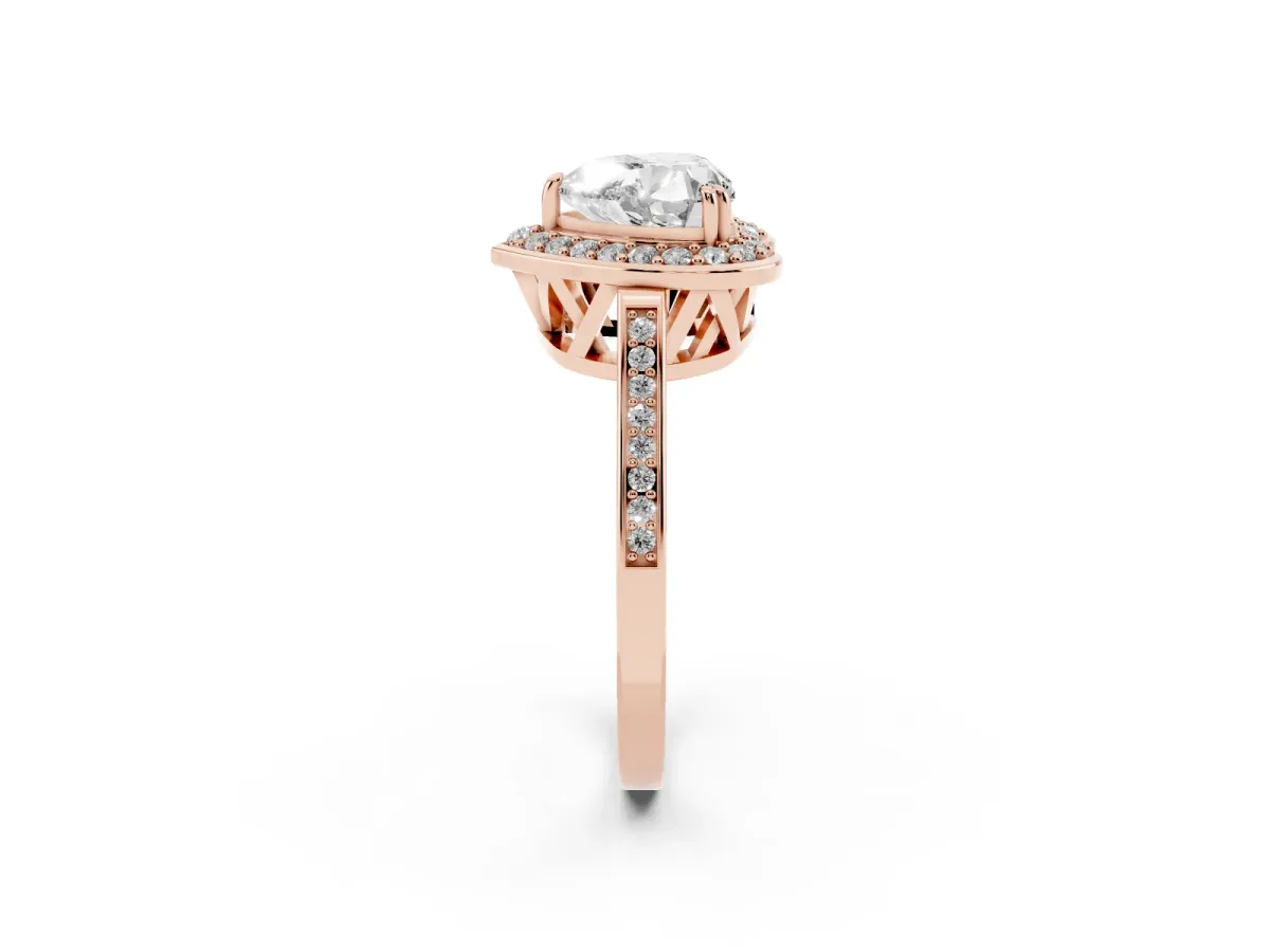 Heart Cut Diamond Halo Ring with Split Shank and Four-Prong Setting Rose gold