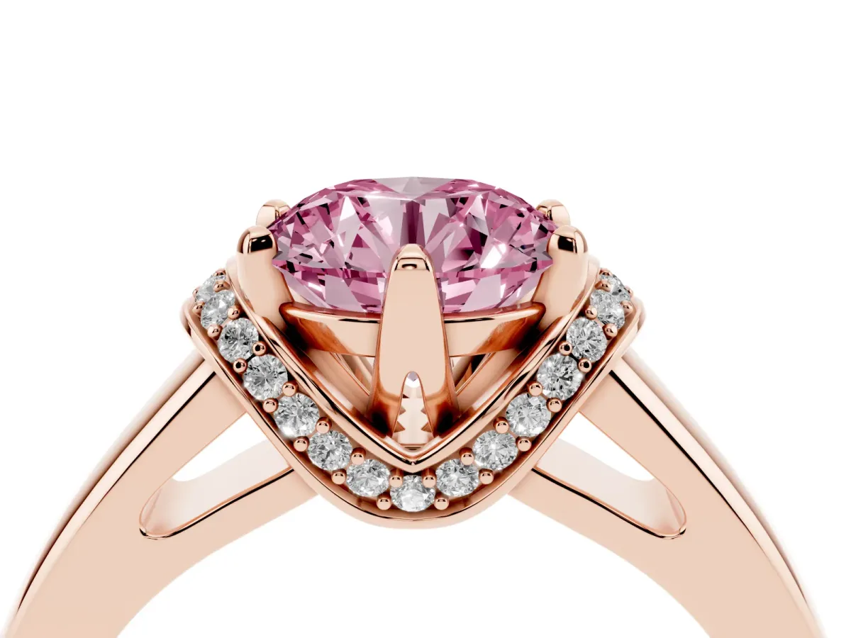 Fancy Pink Round Cut Solitaire Diamond Ring with Pave Band and Six-Prong Setting Rose gold