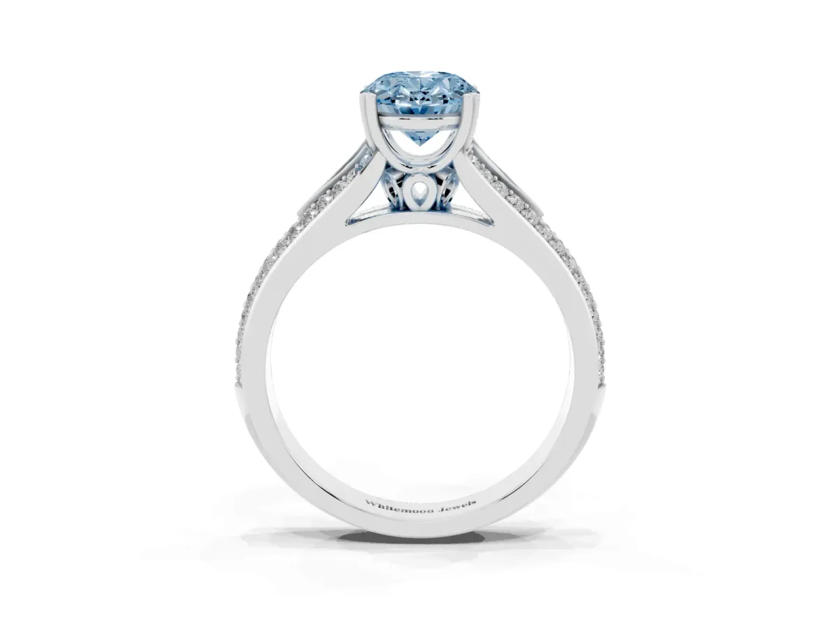 Fancy Blue Oval Cut Diamond Split Shank Engagement Ring with Pavé Band White gold