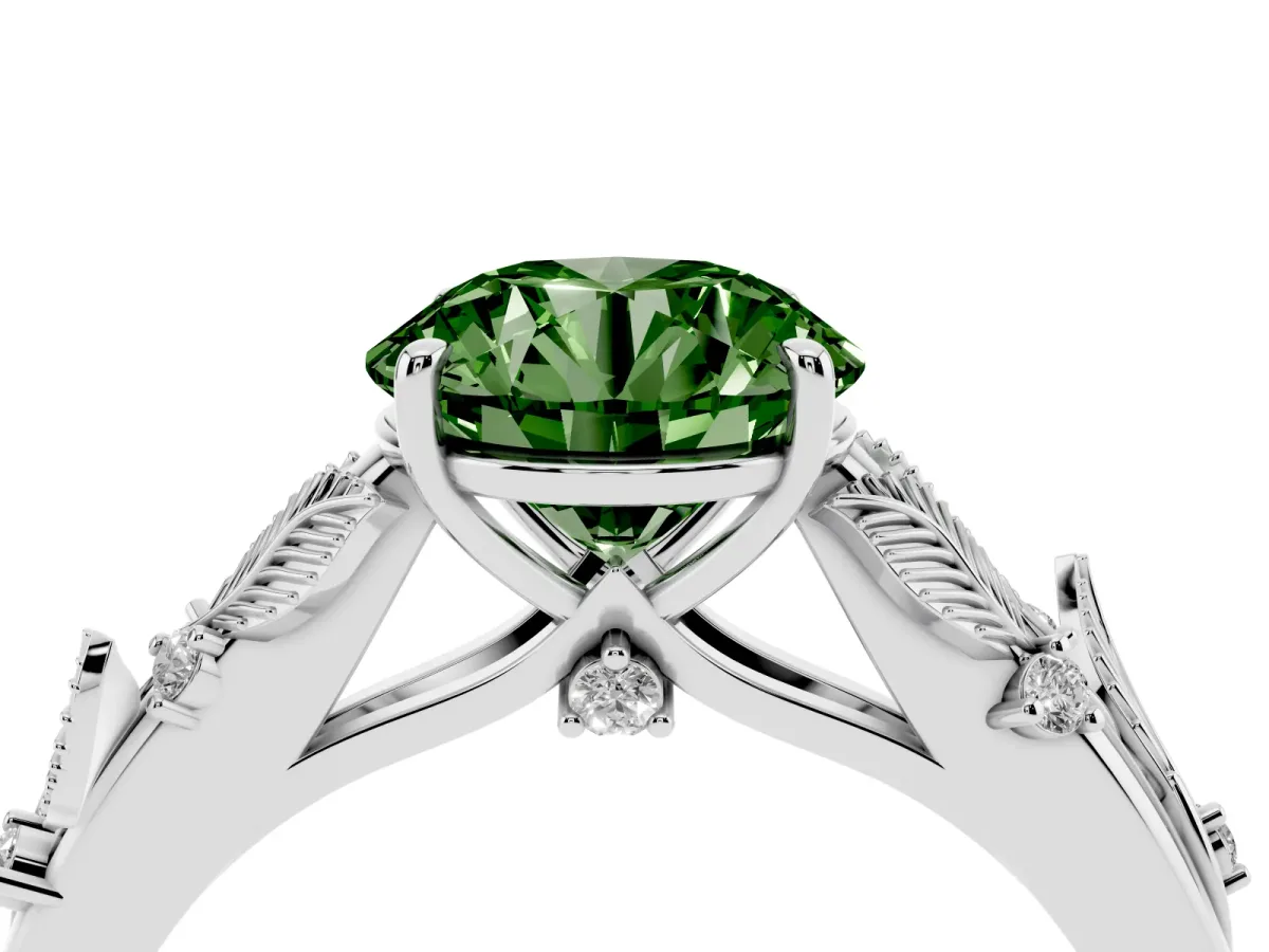 Fancy Green Round Cut Diamond Solitaire Ring with Leaf Motif Band and Four-Prong Setting Platinum