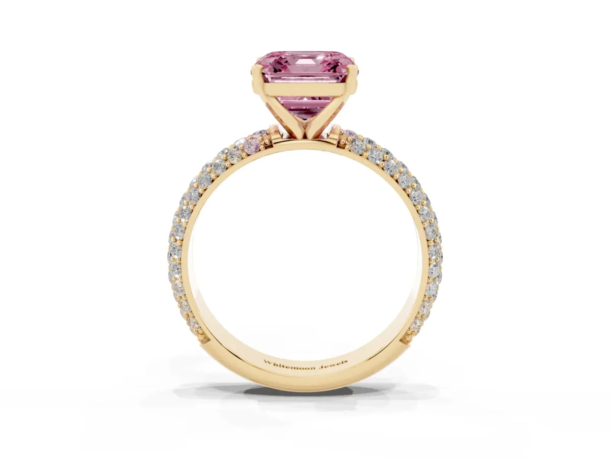 Fancy Pink Asscher Cut Diamond Solitaire Ring with Prong Setting and Pavé Band Yellow gold