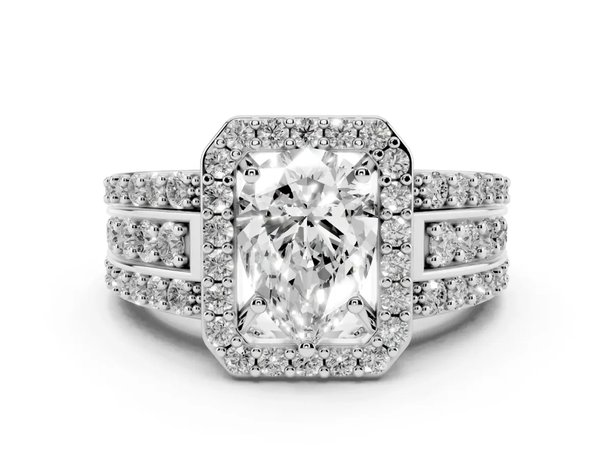 Pear Cut Halo Diamond Ring with Round Split Shank and Prong Setting White gold