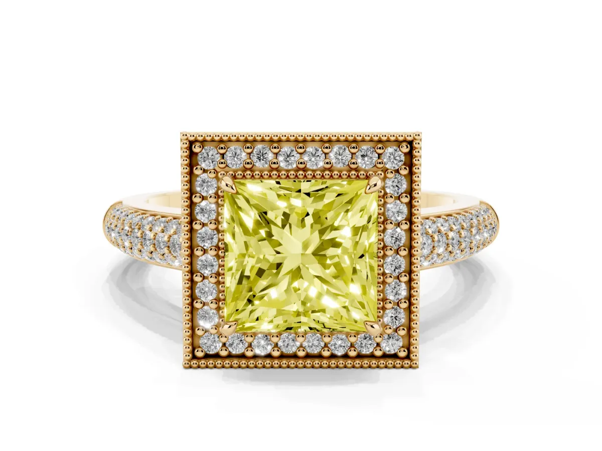 Fancy Yellow Princess Cut Cut Halo Diamond Pave Band with Four-Prong Setting Yellow gold