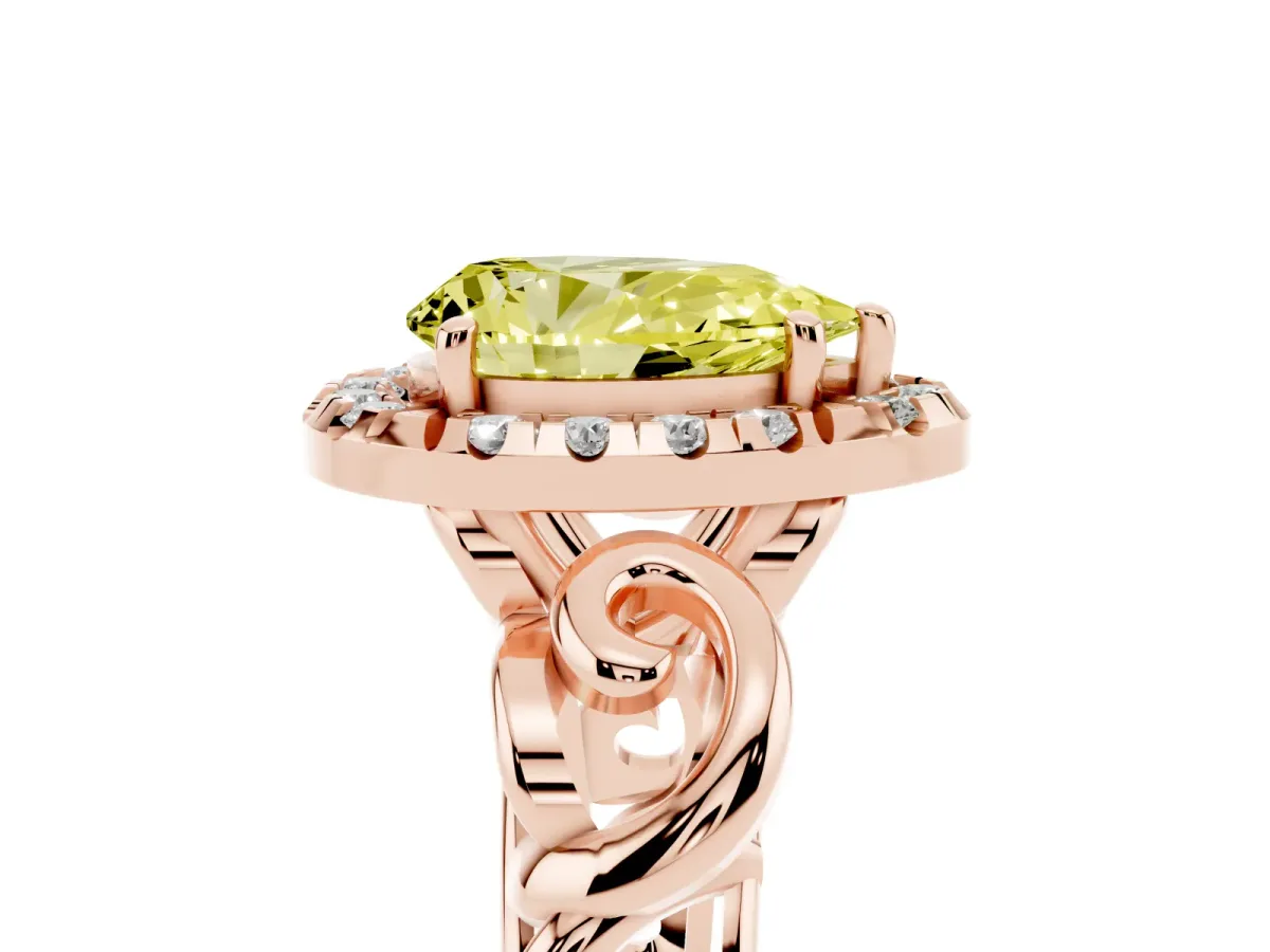Fancy Yellow Pear Cut Cut Halo Diamond Ring with Scrollwork Band and Four-Prong Setting Rose gold