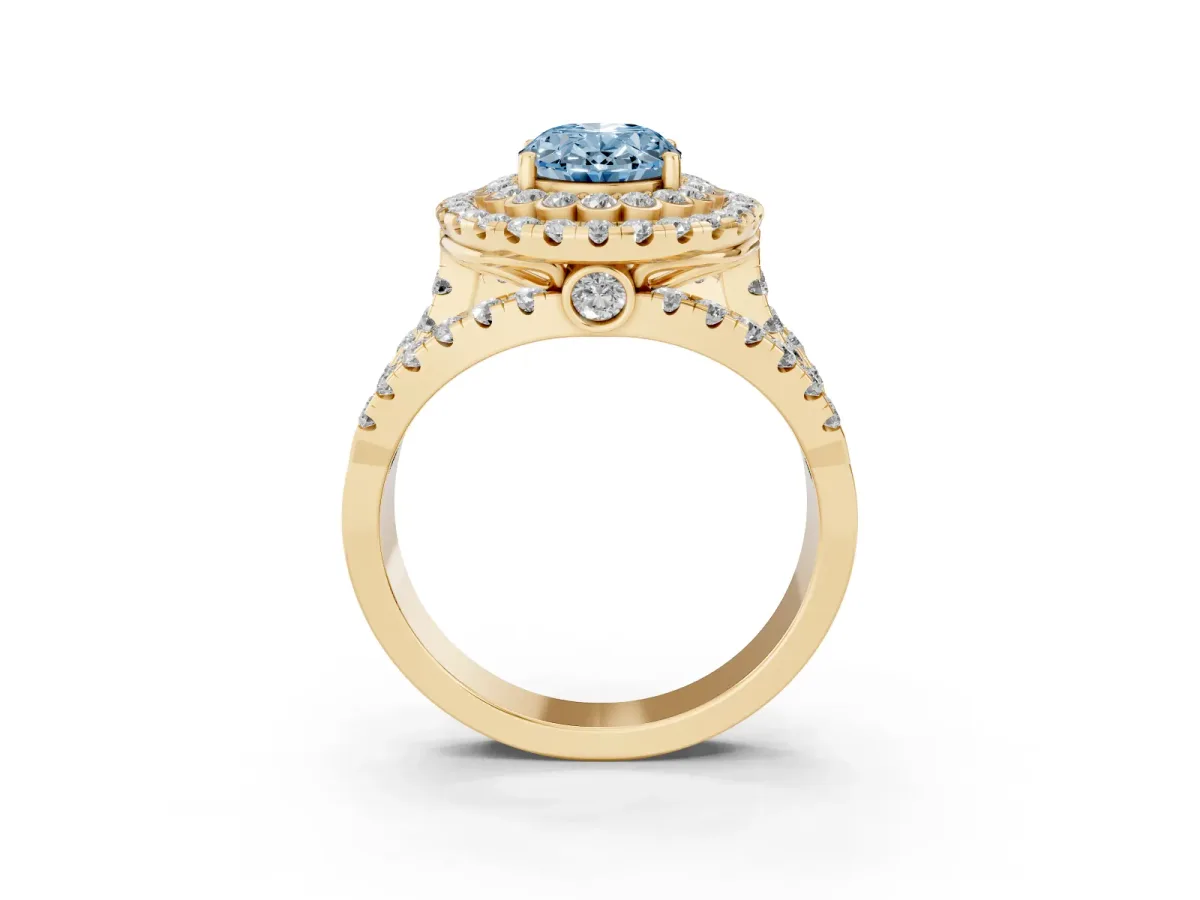 Fancy Blue Oval Cut Diamond Double Halo Ring with Round Pavé Split Shank and Prong Setting Yellow gold