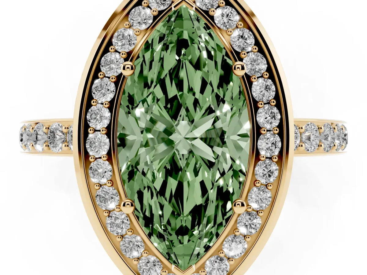 Fancy Green Marquise Cut Diamond Halo Ring with Bezel Frame and Pavé Band Yellow gold