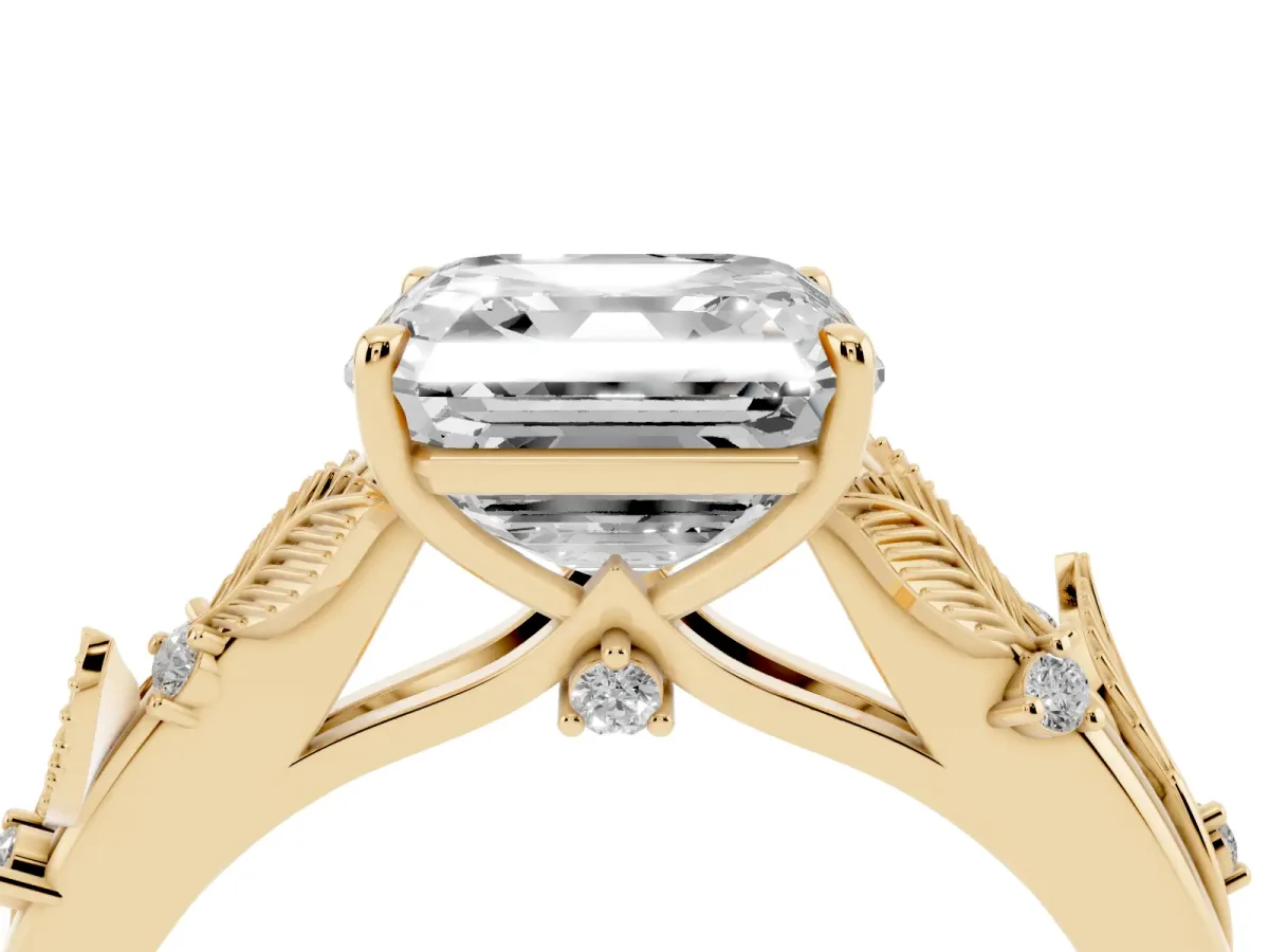 Asscher Cut Diamond Solitaire Ring with Leaf Motif Band and Four-Prong Setting Yellow gold