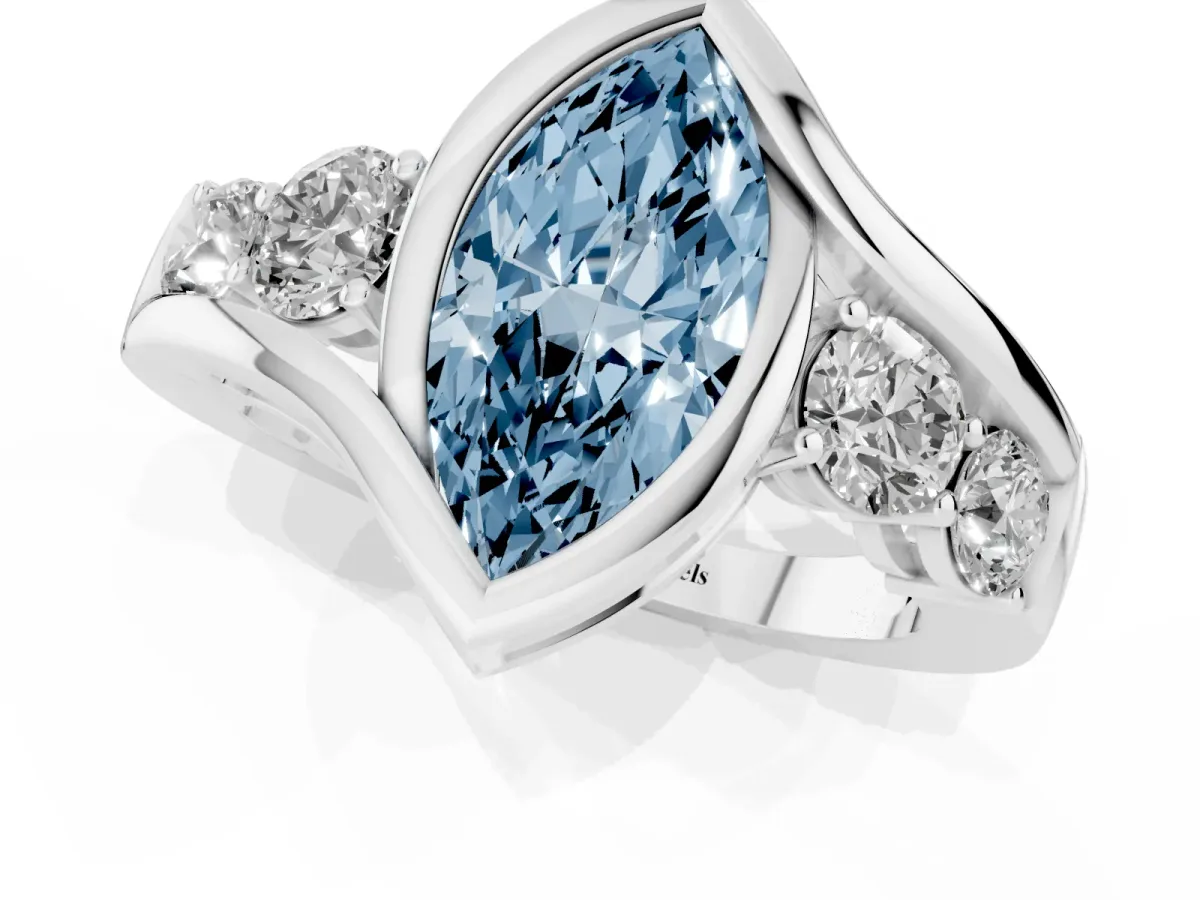 Fancy Blue Bezel Set Marquise Cut Diamond Bypass Ring with Round Accents Silver