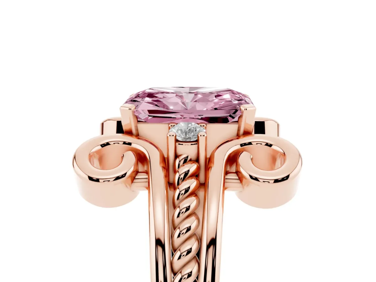 Fancy Pink Radiant Cut Solitaire Twisted Band Scroll Prong Ring Rose gold