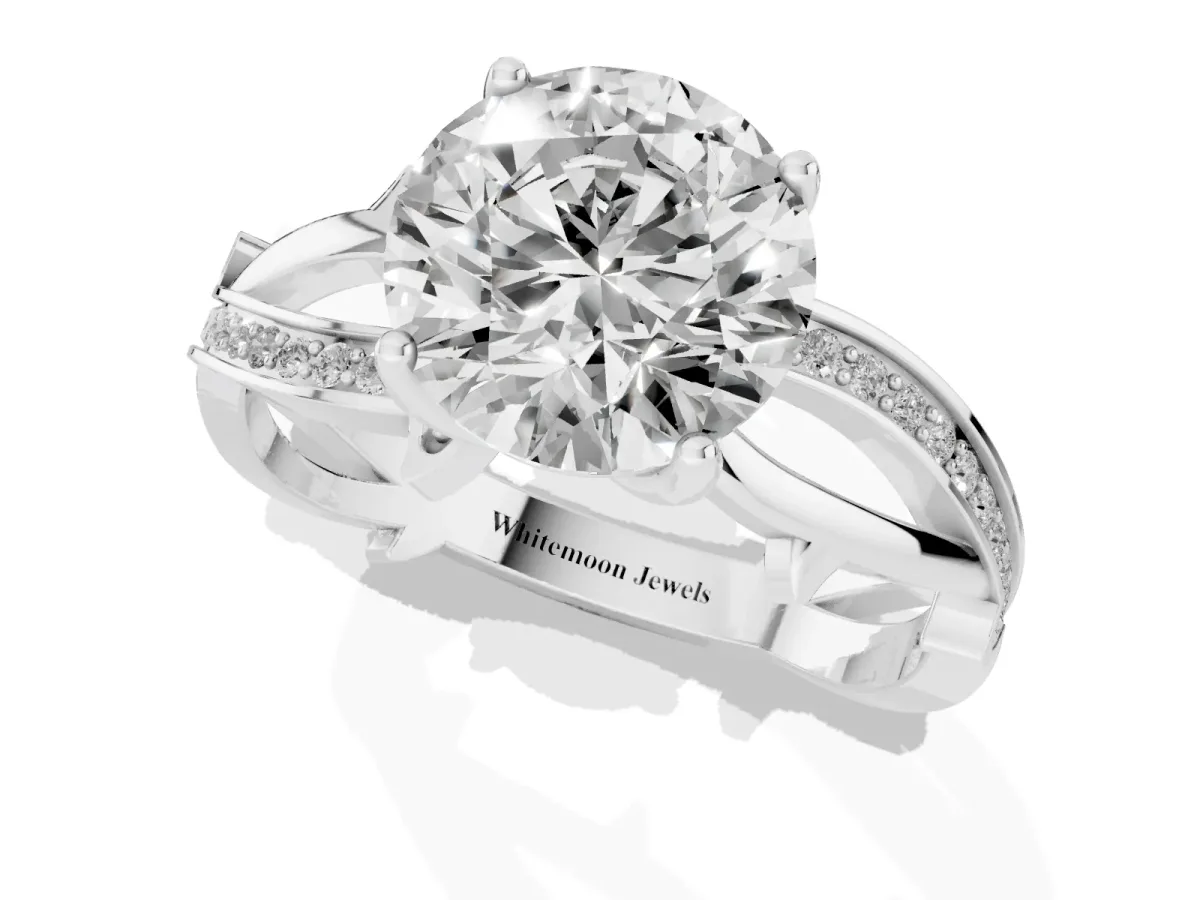 Round Cut Solitaire Twist Band with Pavé Accents and Four-Prong Setting Platinum