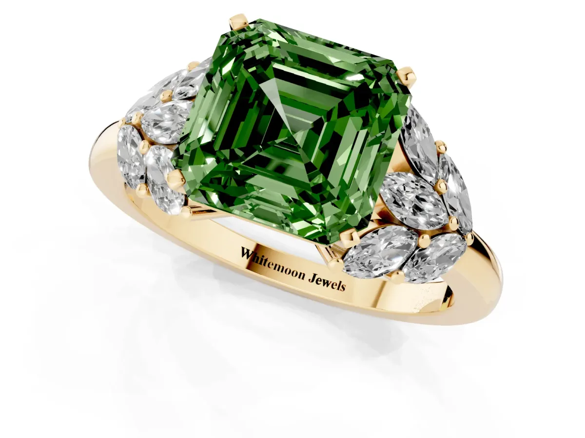 Fancy Green Asscher Cut Diamond Cluster Leaf Design Ring with Prong Setting Yellow gold