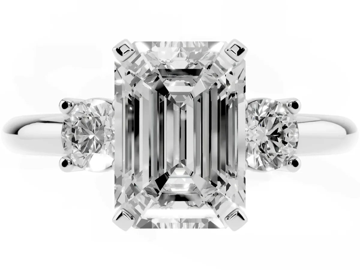 Three-Stone Emerald Cut Cut Diamond Solitaire with Prong Setting and Classic Band Silver