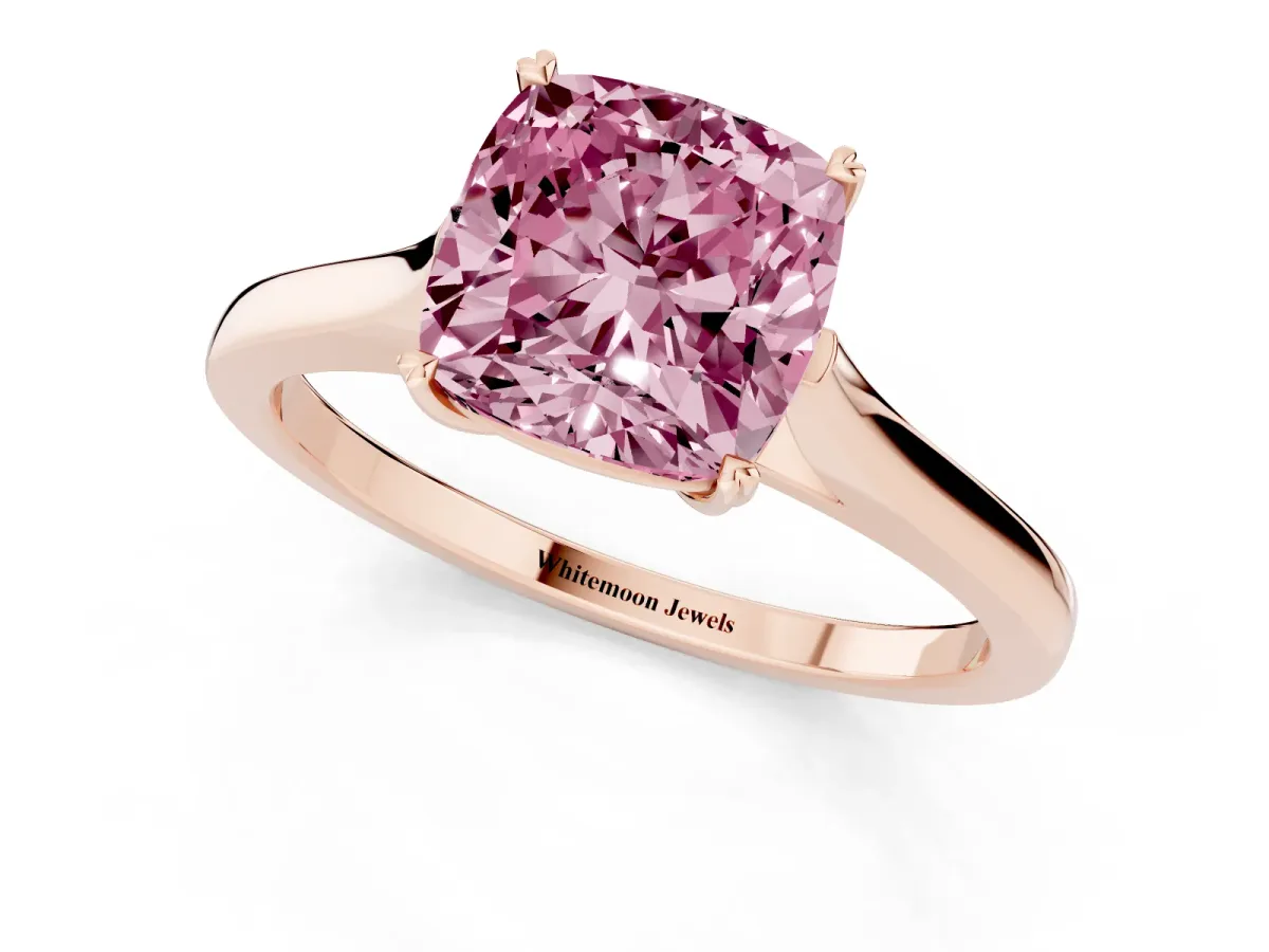 Fancy Pink Cushion Cut Solitaire Heart Prong Engagement Ring with Tapered Band Rose gold