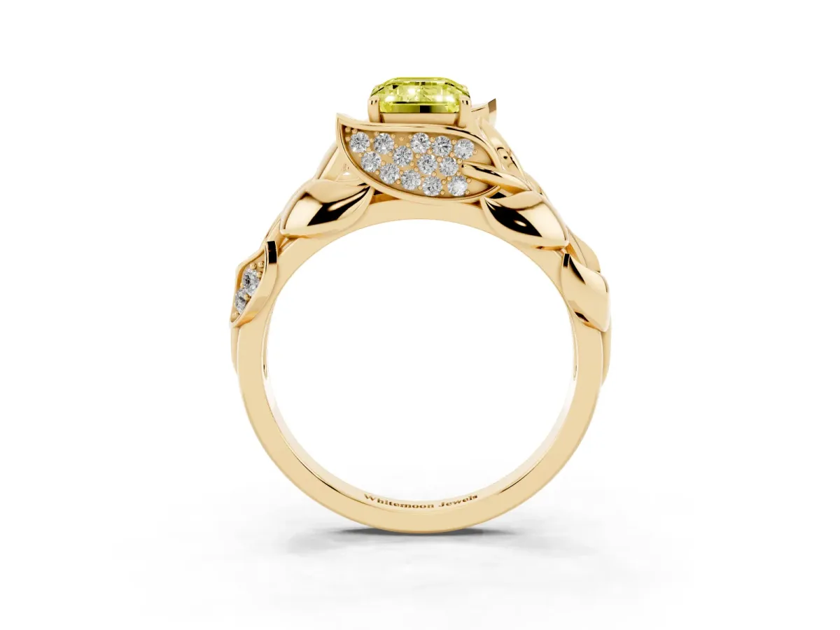 Fancy Yellow Emerald Cut Diamond Leaf-Inspired Engagement Ring with Round Accents and Prong Setting Yellow gold