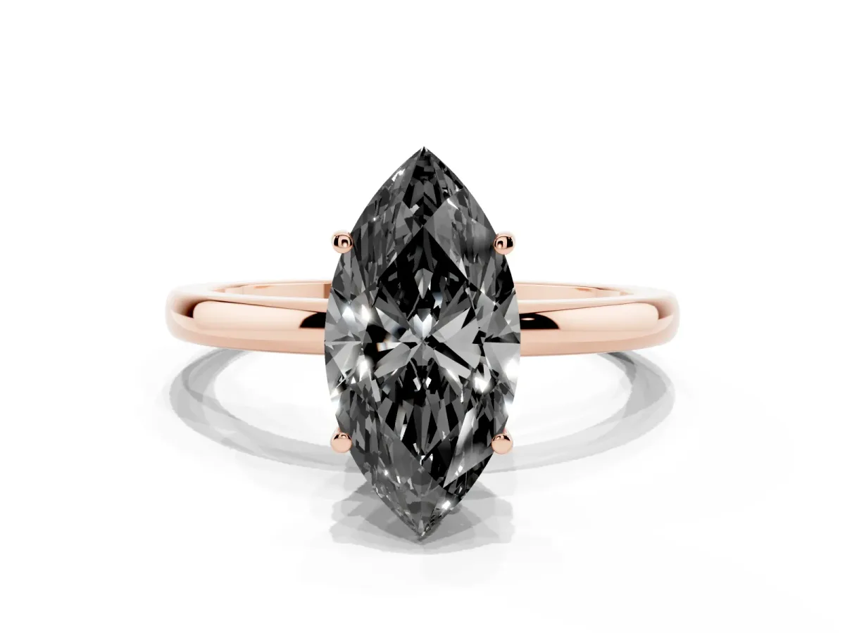 Fancy Black Marquise Cut Solitaire Diamond Ring with Prong Setting and Plain Band Rose gold
