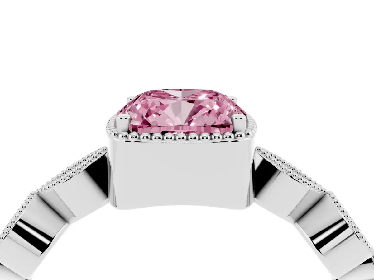 Fancy Pink Cushion Cut Diamond Vintage Milgrain Ring with Round Stations Silver
