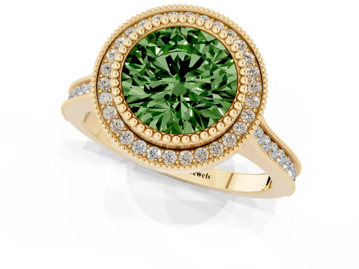 Fancy Green Round Cut Diamond Halo Ring with Milgrain Frame and Pavé Band Yellow gold