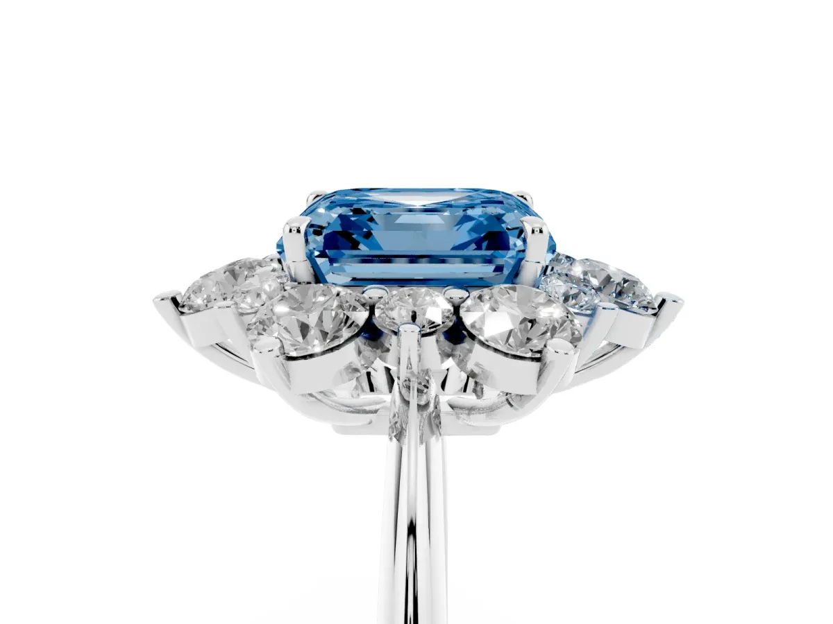 Fancy Blue Asscher Cut Diamond Cluster Halo Ring with Solitaire Band and Four-Prong Setting Silver