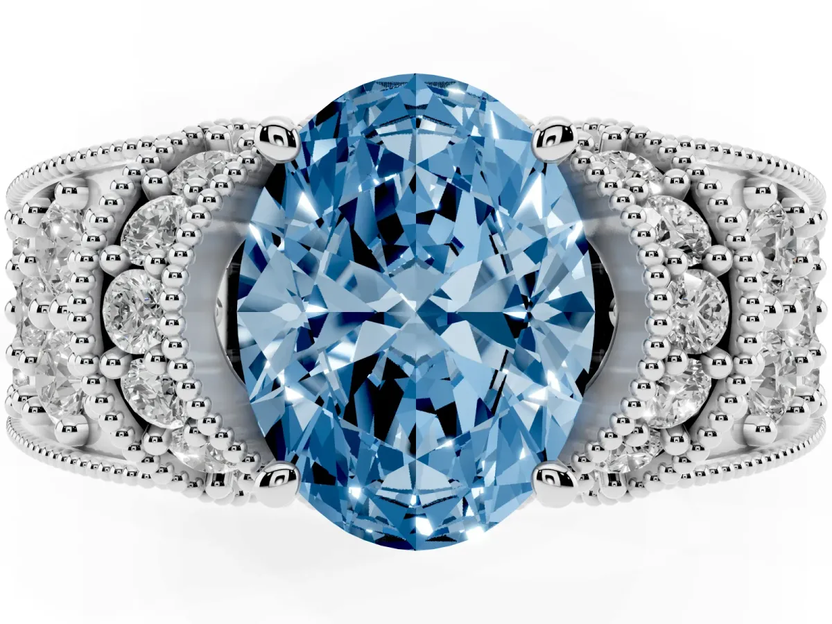 Fancy Blue Oval Cut Halo Pave Diamond Engagement Ring with Milgrain Detailing White gold