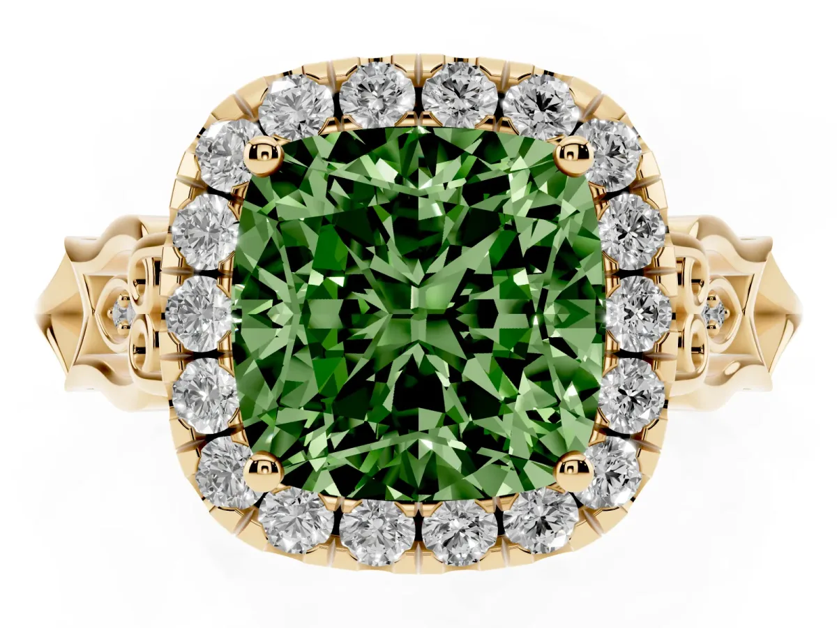 Fancy Green Cushion Cut Halo Diamond Engagement Ring with Filigree Band and Four-Prong Setting Yellow gold