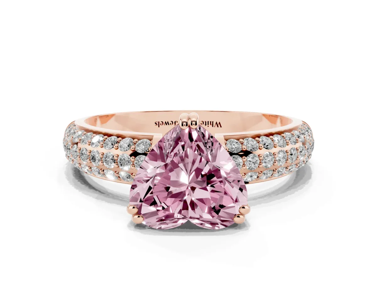 Fancy Pink Heart Cut Diamond Solitaire Ring with Multi-Row Round Pavé Band and Prong Setting Rose gold