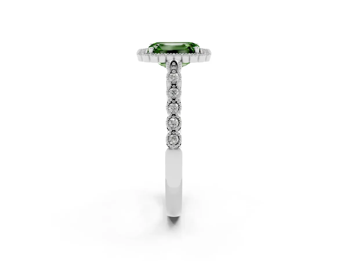 Fancy Green Emerald Cut Cut Halo Pavé Solitaire Ring with Milgrain Band Silver