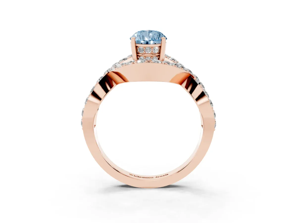 Fancy Blue Pear Cut Solitaire Twist Band Pavé Diamond Engagement Ring Rose gold