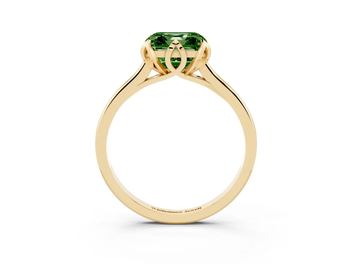Fancy Green Asscher Cut Diamond Solitaire Ring with Flower Prong Setting and Classic Band Yellow gold